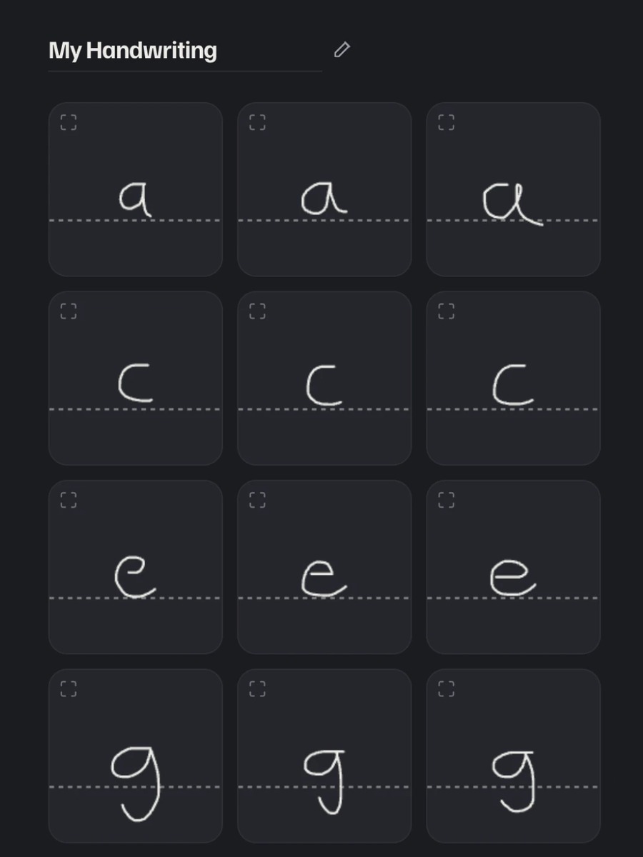 Das Raster mit allen Buchstaben in eigener Handschrift